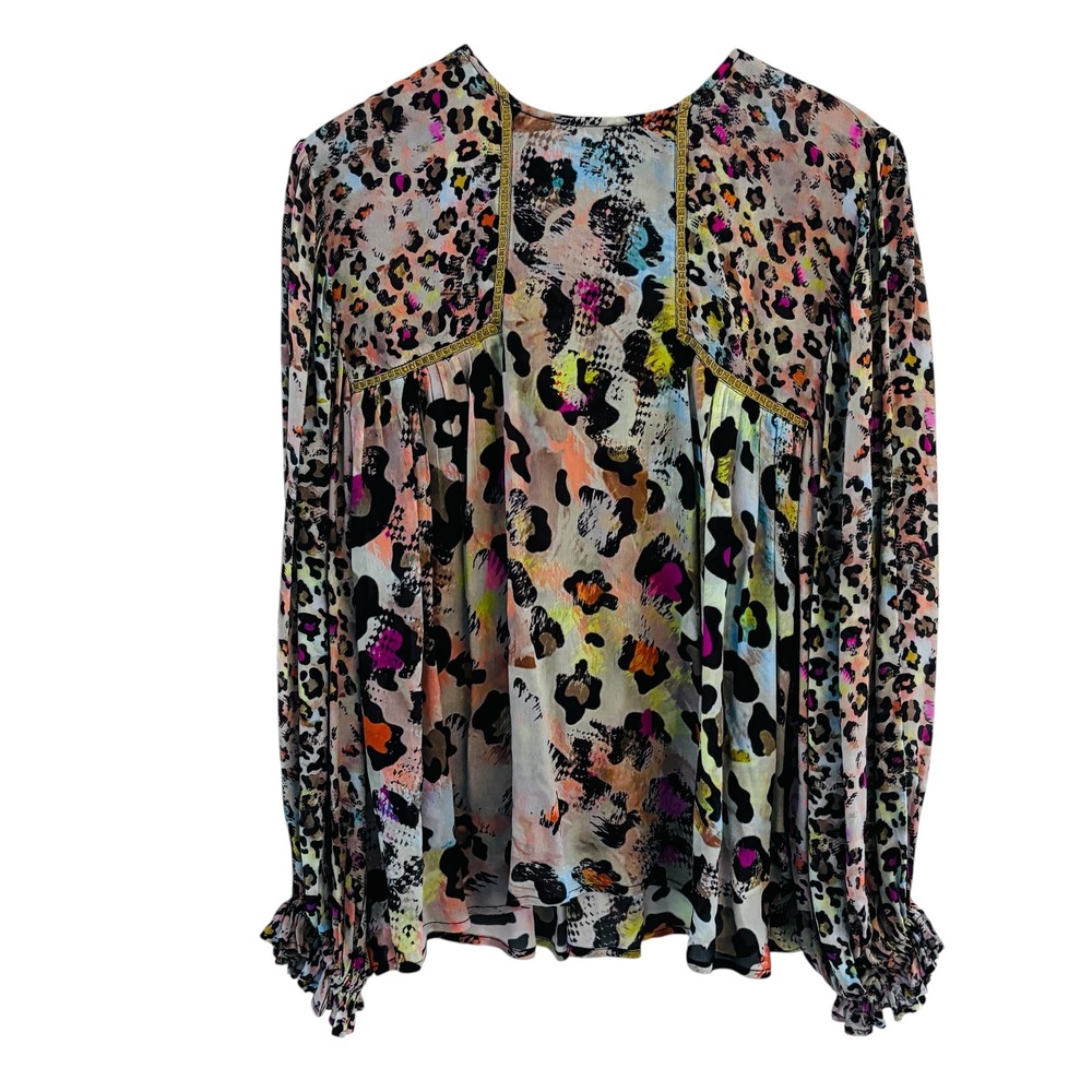 Blank London Miranda Top Womens L Multicolor Boho Leopard Peasant Artsy